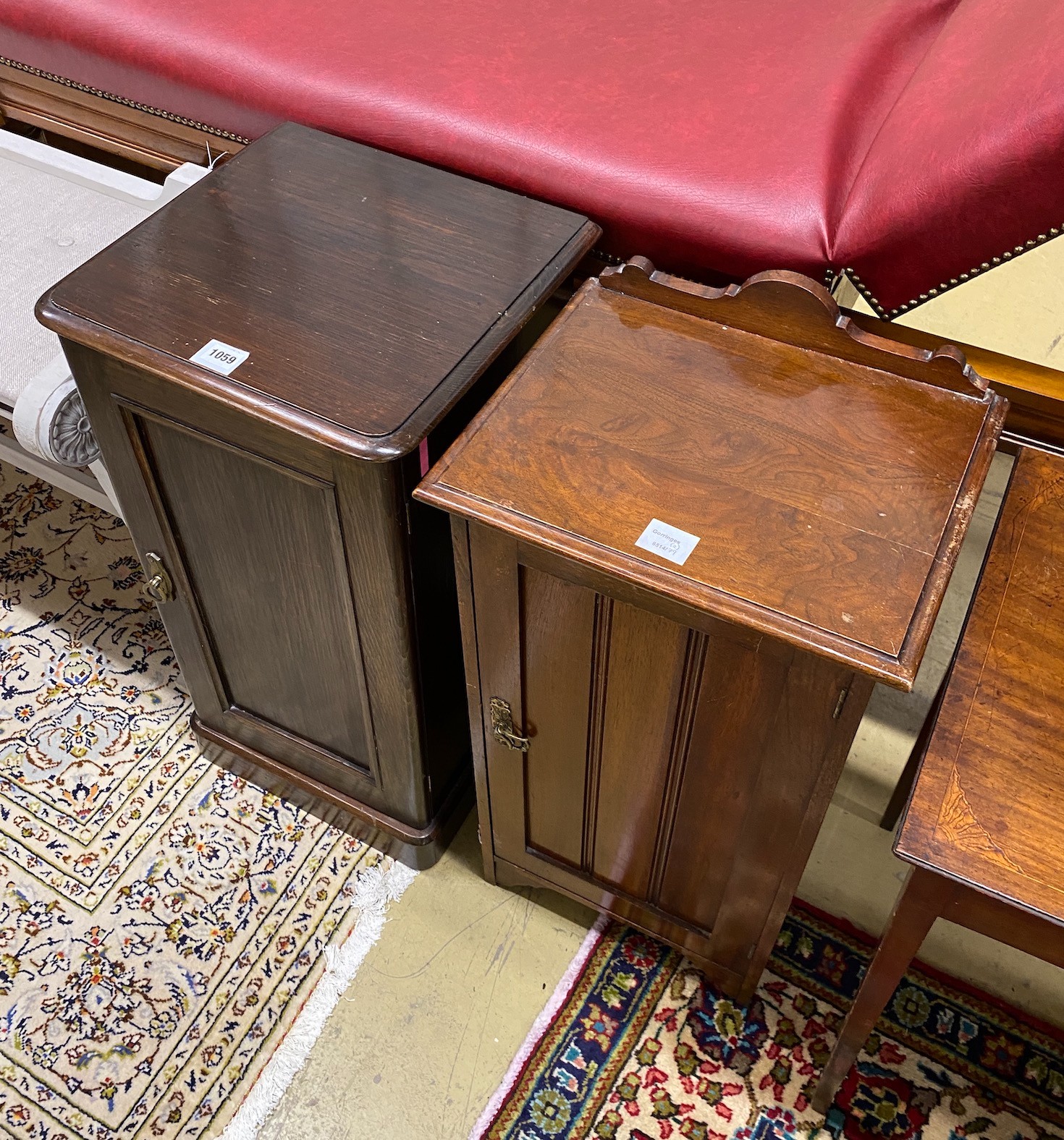 An Edwardian stained pine bedside cupboard and a similar late Victorian oak cupboard